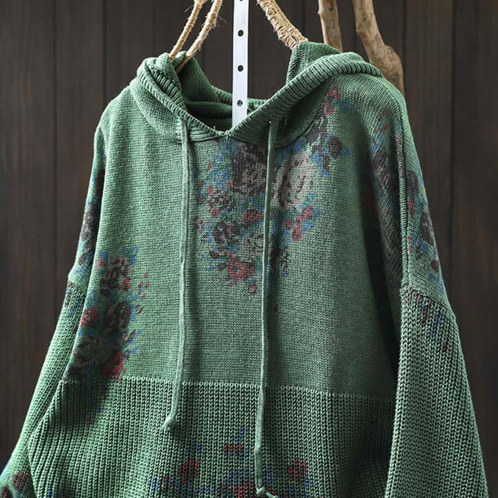 Buddha Stones Damen Strickpullover mit Blumenmuster, Baumwolle, Langarm, Kapuze - image 14