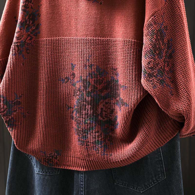 Buddha Stones Damen Strickpullover mit Blumenmuster, Baumwolle, Langarm, Kapuze - image 9