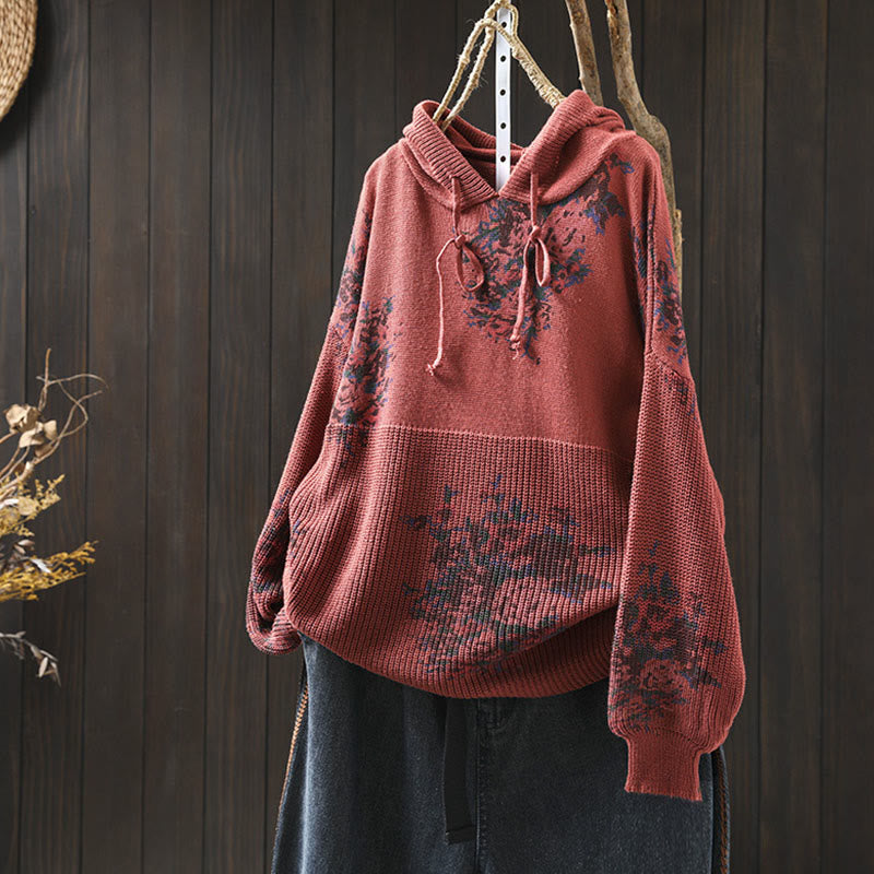 Buddha Stones Damen Strickpullover mit Blumenmuster, Baumwolle, Langarm, Kapuze - Tomate - US4-6, UK/AU8-10, EU36-38 (F) - image 2