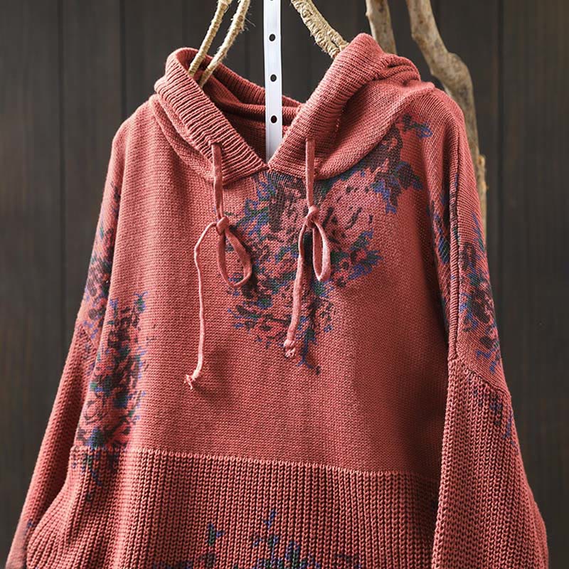 Buddha Stones Damen Strickpullover mit Blumenmuster, Baumwolle, Langarm, Kapuze - image 6