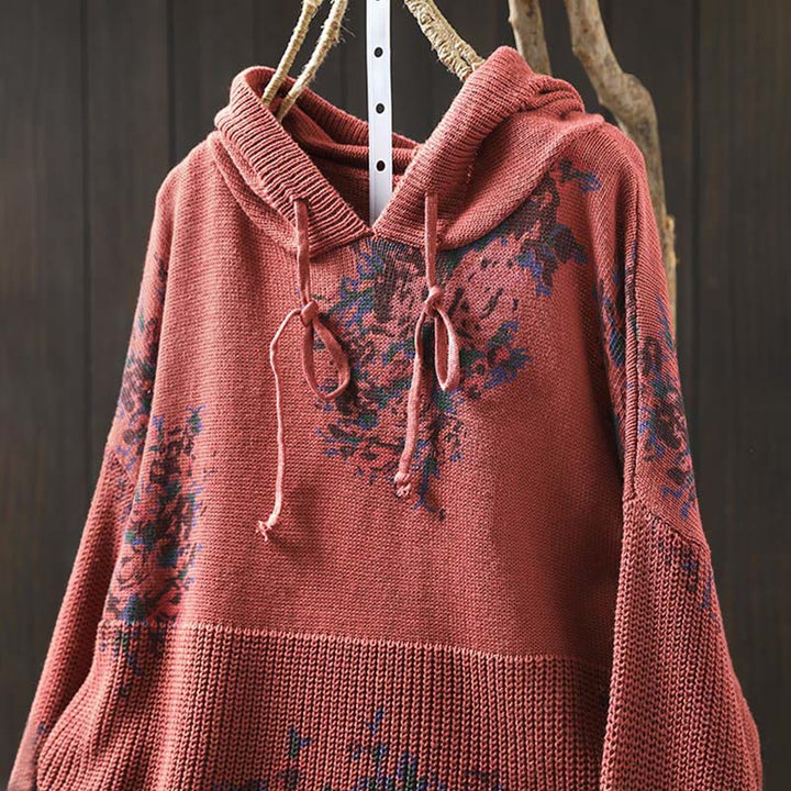 Buddha Stones Damen Strickpullover mit Blumenmuster, Baumwolle, Langarm, Kapuze - image 6