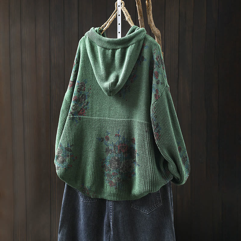 Buddha Stones Damen Strickpullover mit Blumenmuster, Baumwolle, Langarm, Kapuze - image 11