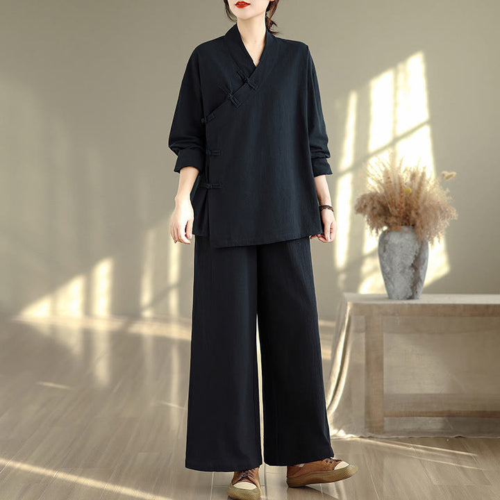 Buddha Stones ​​2-teiliges Zen-Meditations-Set für Damen: Langarmshirt mit V-Ausschnitt und Hose mit weitem Bein - Schwarzes Hemd und Hose - US 8-10, UK/AU 12-14, EU 40-42 (2XL) - image 12