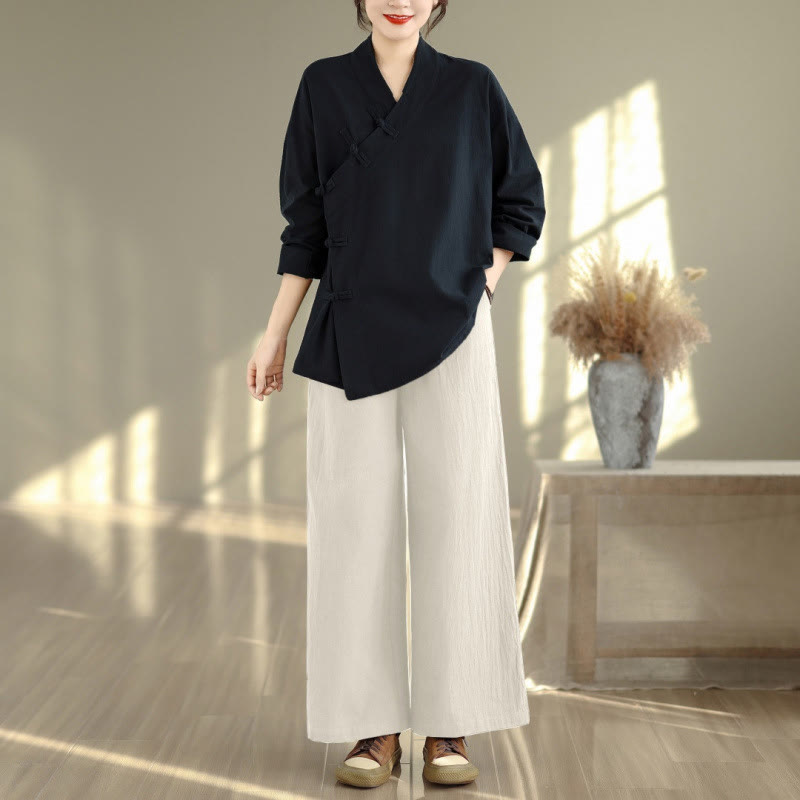 Buddha Stones ​​2-teiliges Zen-Meditations-Set für Damen: Langarmshirt mit V-Ausschnitt und Hose mit weitem Bein - Schwarzes Hemd & beige Hose - US 8-10, UK/AU 12-14, EU 40-42 (2XL) - image 11