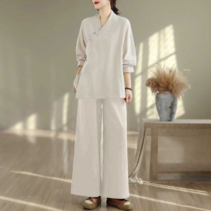 Buddha Stones ​​2-teiliges Zen-Meditations-Set für Damen: Langarmshirt mit V-Ausschnitt und Hose mit weitem Bein - Beiges Hemd und Hose - US 8-10, UK/AU 12-14, EU 40-42 (2XL) - image 21