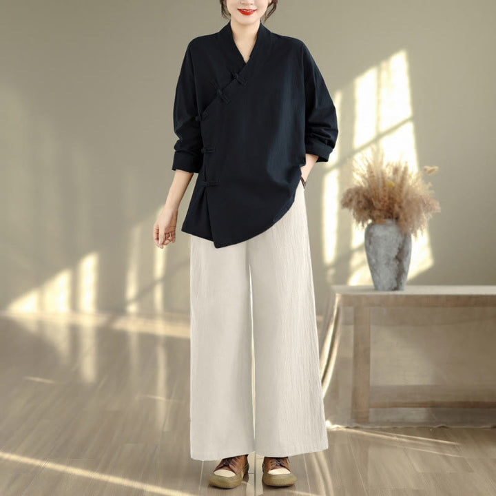 Buddha Stones ​​2-teiliges Zen-Meditations-Set für Damen: Langarmshirt mit V-Ausschnitt und Hose mit weitem Bein - Schwarzes Hemd & beige Hose - US 8-10, UK/AU 12-14, EU 40-42 (2XL) - image 11