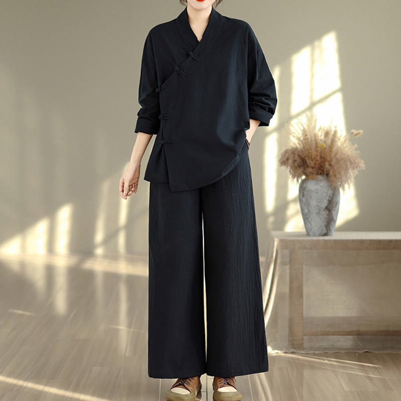 Buddha Stones ​​2-teiliges Zen-Meditations-Set für Damen: Langarmshirt mit V-Ausschnitt und Hose mit weitem Bein - image 13