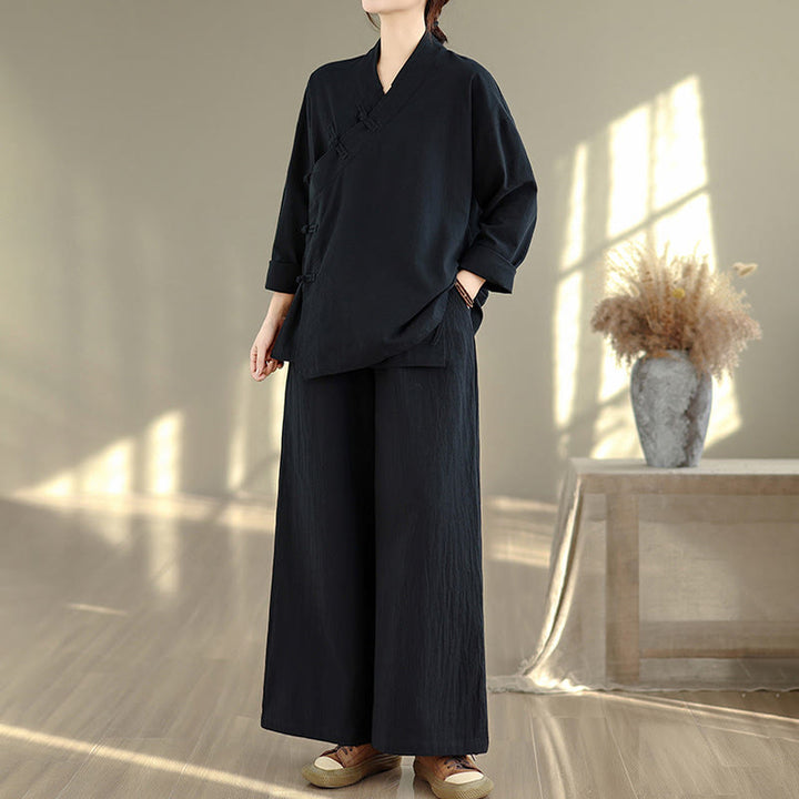 Buddha Stones ​​2-teiliges Zen-Meditations-Set für Damen: Langarmshirt mit V-Ausschnitt und Hose mit weitem Bein - image 16