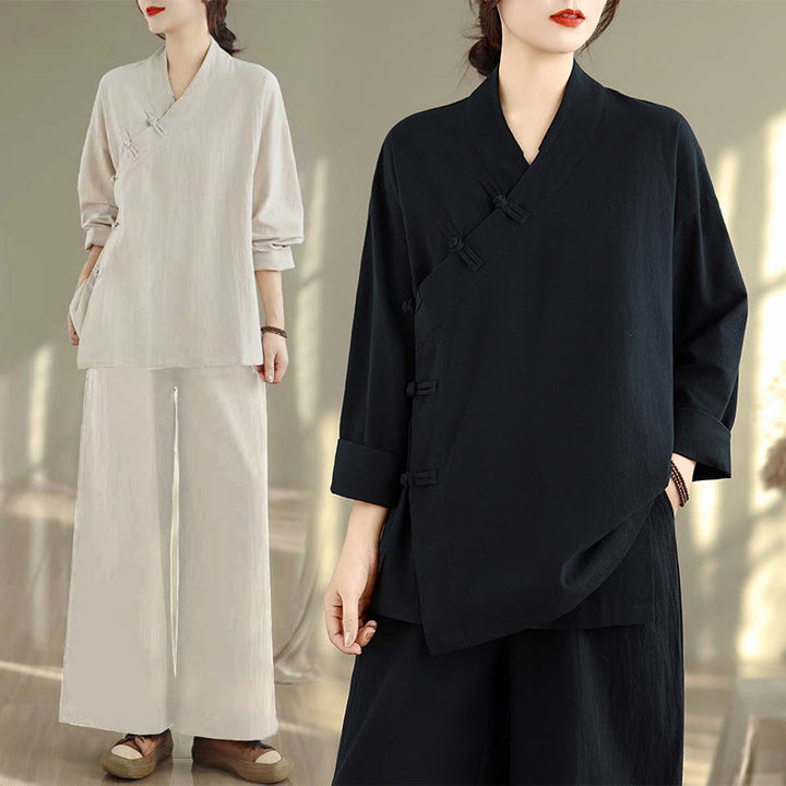 Buddha Stones ​​2-teiliges Zen-Meditations-Set für Damen: Langarmshirt mit V-Ausschnitt und Hose mit weitem Bein - image 23