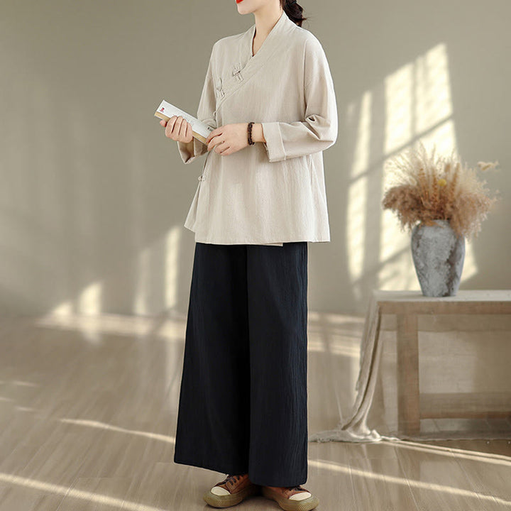 Buddha Stones ​​2-teiliges Zen-Meditations-Set für Damen: Langarmshirt mit V-Ausschnitt und Hose mit weitem Bein - image 1