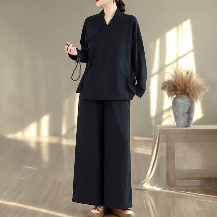 Buddha Stones ​​2-teiliges Zen-Meditations-Set für Damen: Langarmshirt mit V-Ausschnitt und Hose mit weitem Bein - image 15