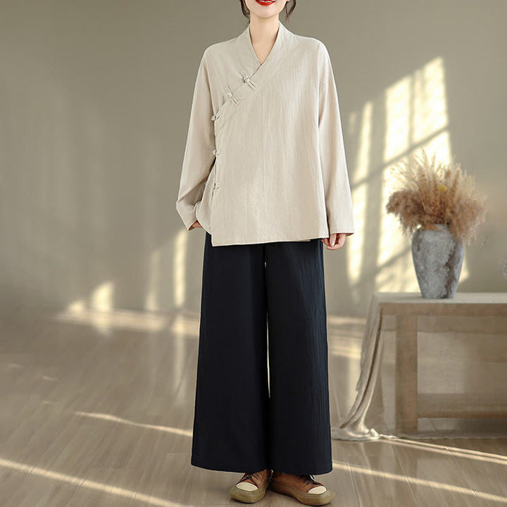 Buddha Stones ​​2-teiliges Zen-Meditations-Set für Damen: Langarmshirt mit V-Ausschnitt und Hose mit weitem Bein - image 3