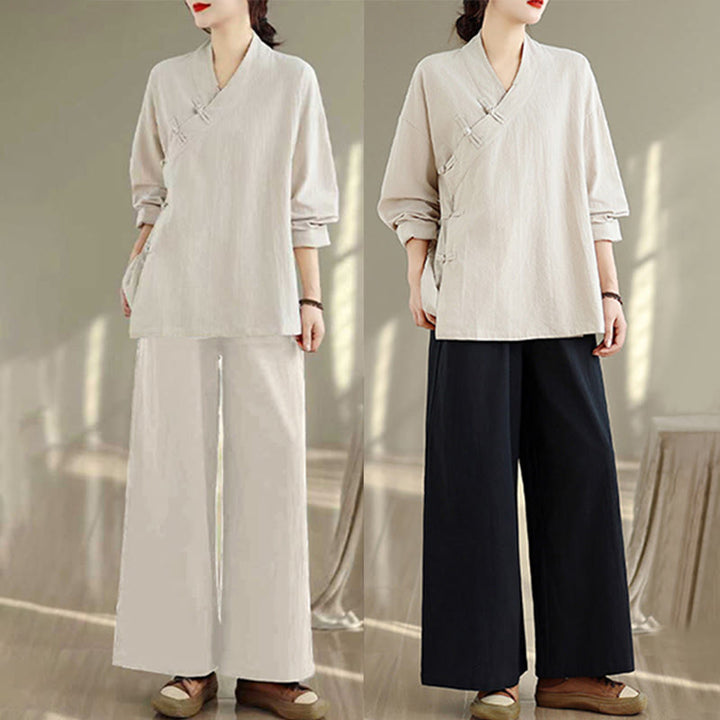Buddha Stones ​​2-teiliges Zen-Meditations-Set für Damen: Langarmshirt mit V-Ausschnitt und Hose mit weitem Bein - image 22