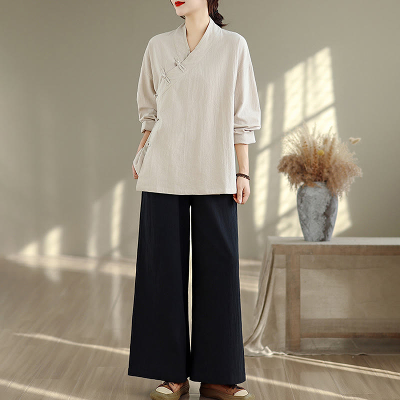 Buddha Stones ​​2-teiliges Zen-Meditations-Set für Damen: Langarmshirt mit V-Ausschnitt und Hose mit weitem Bein - image 4
