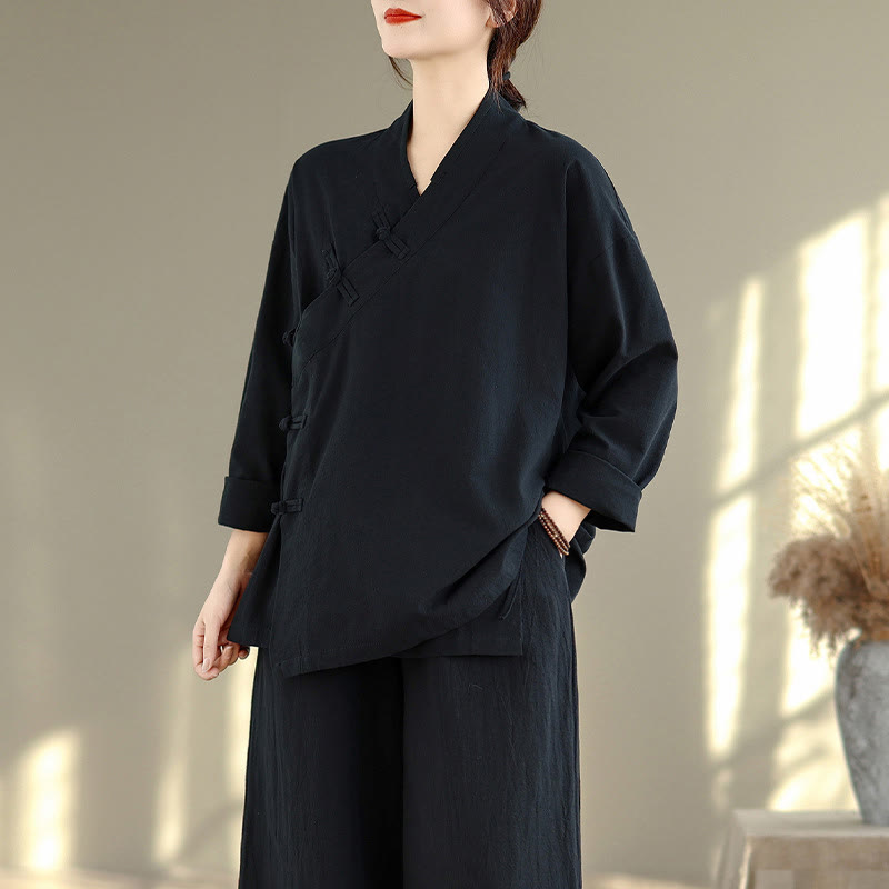 Buddha Stones ​​2-teiliges Zen-Meditations-Set für Damen: Langarmshirt mit V-Ausschnitt und Hose mit weitem Bein - image 17