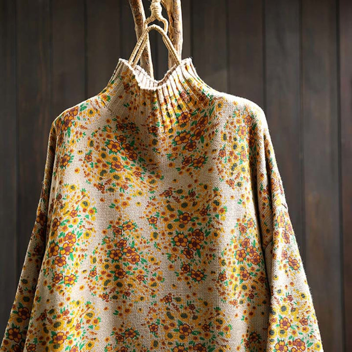 Buddha Stones Damen-Strickpullover aus Baumwolle mit Blumenmuster, geripptem Saum, langen Ärmeln und Stehkragen - image 2