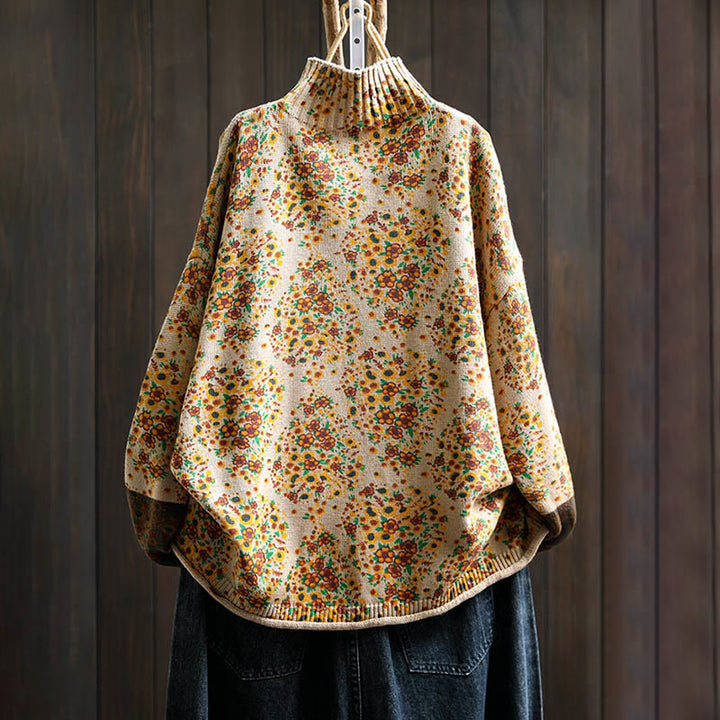 Buddha Stones Damen-Strickpullover aus Baumwolle mit Blumenmuster, geripptem Saum, langen Ärmeln und Stehkragen - image 1