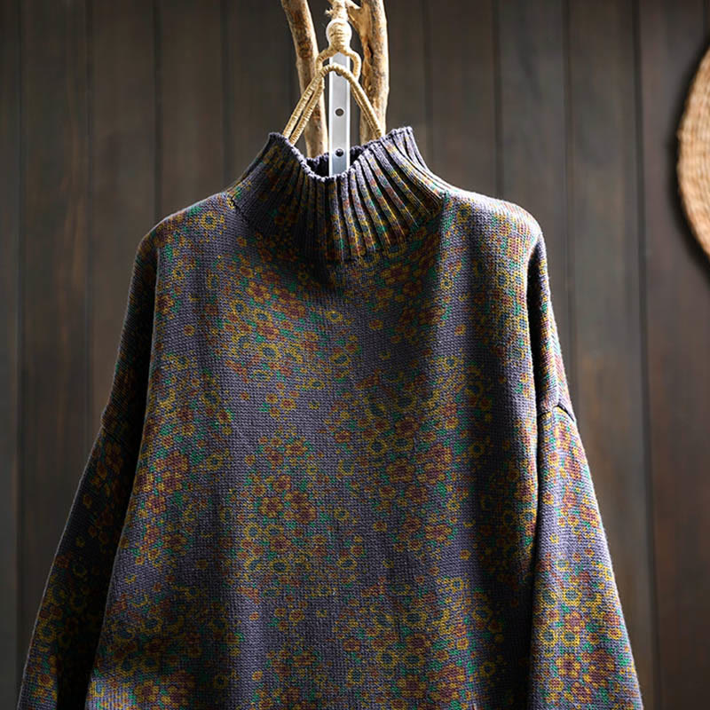 Buddha Stones Damen-Strickpullover aus Baumwolle mit Blumenmuster, geripptem Saum, langen Ärmeln und Stehkragen - image 19