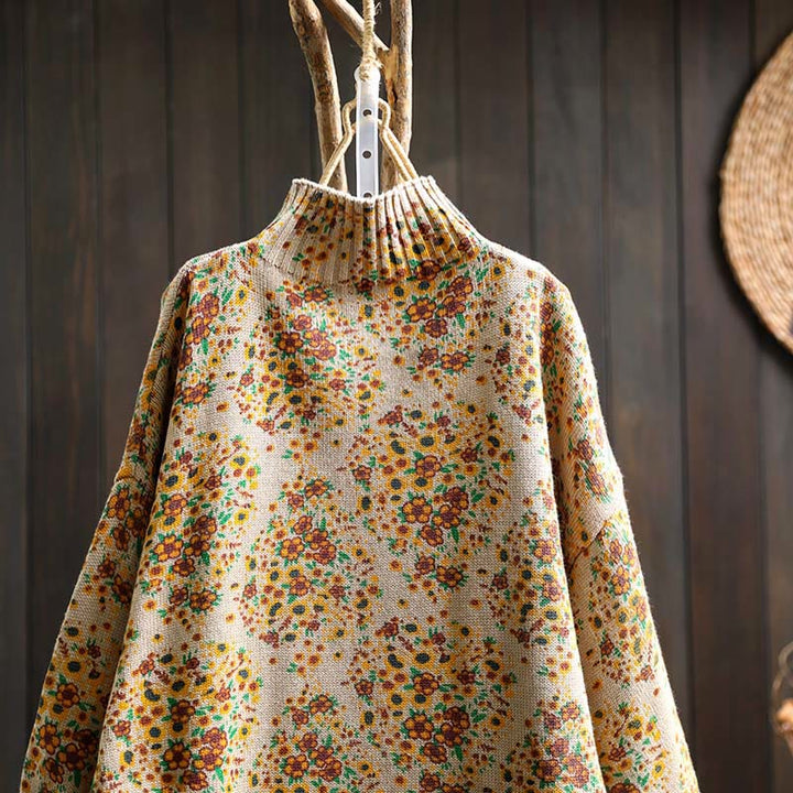 Buddha Stones Damen-Strickpullover aus Baumwolle mit Blumenmuster, geripptem Saum, langen Ärmeln und Stehkragen - image 4