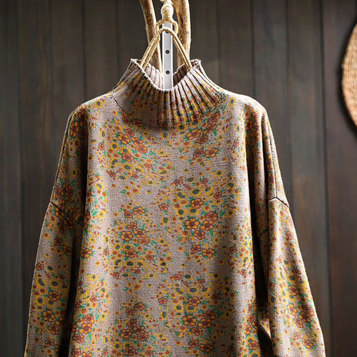 Buddha Stones Damen-Strickpullover aus Baumwolle mit Blumenmuster, geripptem Saum, langen Ärmeln und Stehkragen - image 17