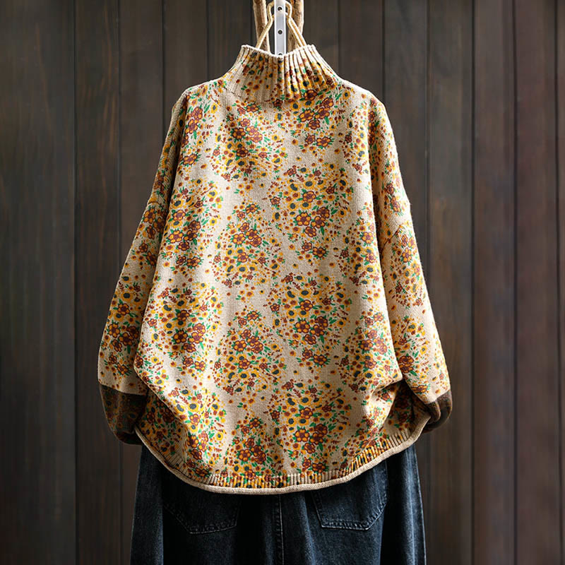 Buddha Stones Damen-Strickpullover aus Baumwolle mit Blumenmuster, geripptem Saum, langen Ärmeln und Stehkragen - image 1