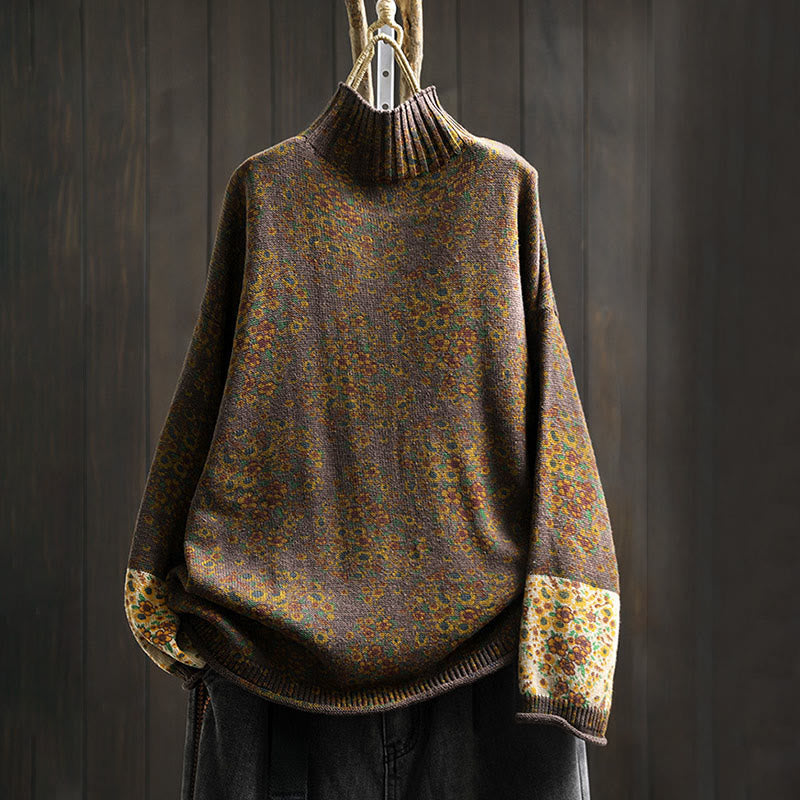 Buddha Stones Damen-Strickpullover aus Baumwolle mit Blumenmuster, geripptem Saum, langen Ärmeln und Stehkragen - Sattelbraun - US4-6, UK/AU8-10, EU36-38 (F) - image 14