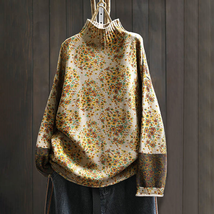 Buddha Stones Damen-Strickpullover aus Baumwolle mit Blumenmuster, geripptem Saum, langen Ärmeln und Stehkragen - Papaya-Sahne - US4-6, UK/AU8-10, EU36-38 (F) - image 0