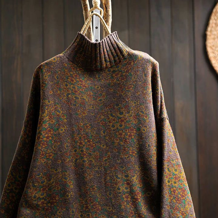 Buddha Stones Damen-Strickpullover aus Baumwolle mit Blumenmuster, geripptem Saum, langen Ärmeln und Stehkragen - image 15