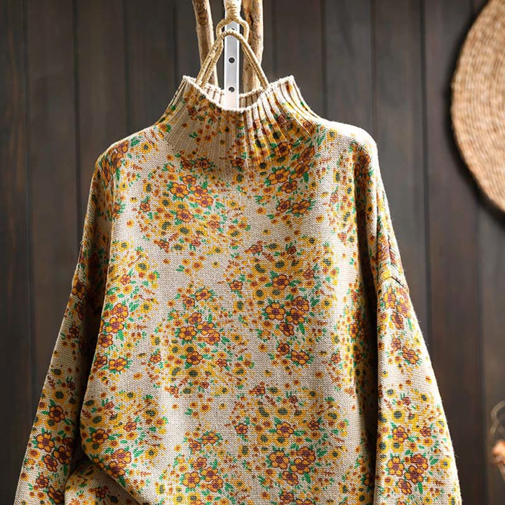 Buddha Stones Damen-Strickpullover aus Baumwolle mit Blumenmuster, geripptem Saum, langen Ärmeln und Stehkragen - image 3
