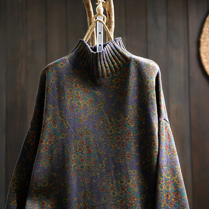 Buddha Stones Damen-Strickpullover aus Baumwolle mit Blumenmuster, geripptem Saum, langen Ärmeln und Stehkragen - image 19