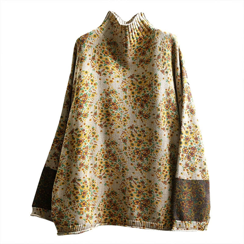 Buddha Stones Damen-Strickpullover aus Baumwolle mit Blumenmuster, geripptem Saum, langen Ärmeln und Stehkragen - image 11