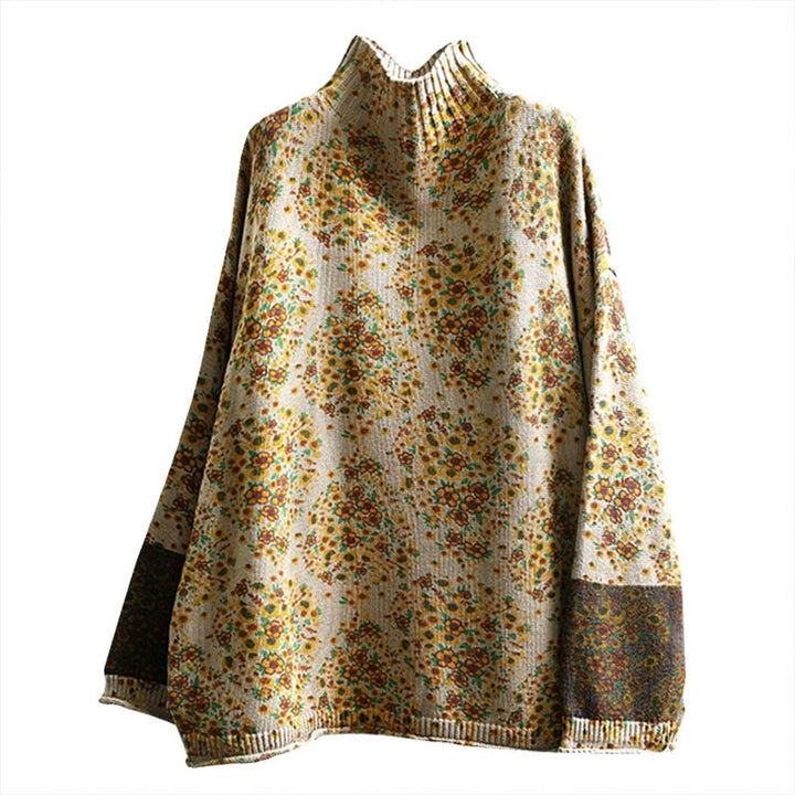 Buddha Stones Damen-Strickpullover aus Baumwolle mit Blumenmuster, geripptem Saum, langen Ärmeln und Stehkragen - image 11