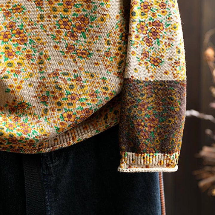 Buddha Stones Damen-Strickpullover aus Baumwolle mit Blumenmuster, geripptem Saum, langen Ärmeln und Stehkragen - image 9