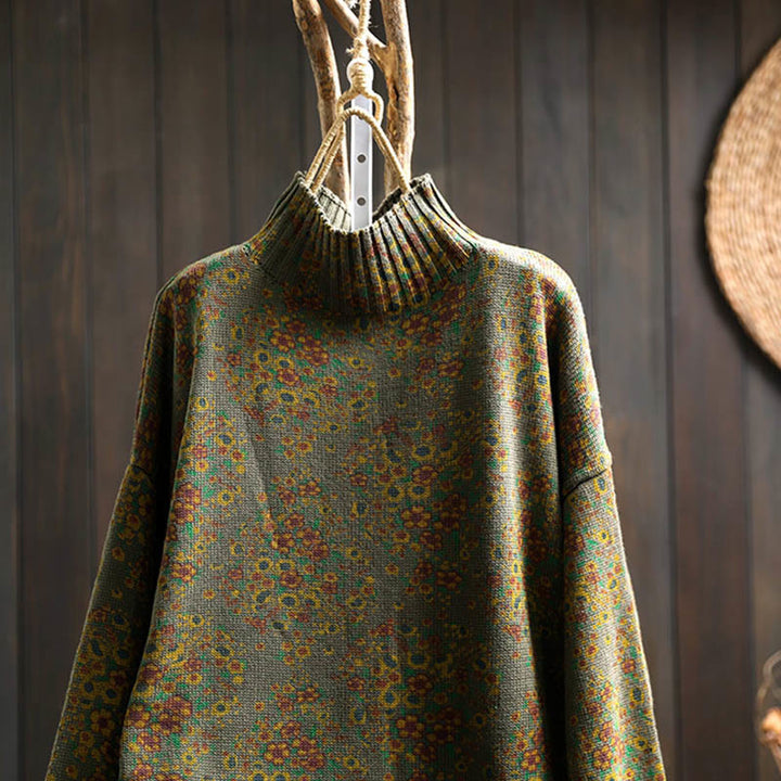 Buddha Stones Damen-Strickpullover aus Baumwolle mit Blumenmuster, geripptem Saum, langen Ärmeln und Stehkragen - image 21