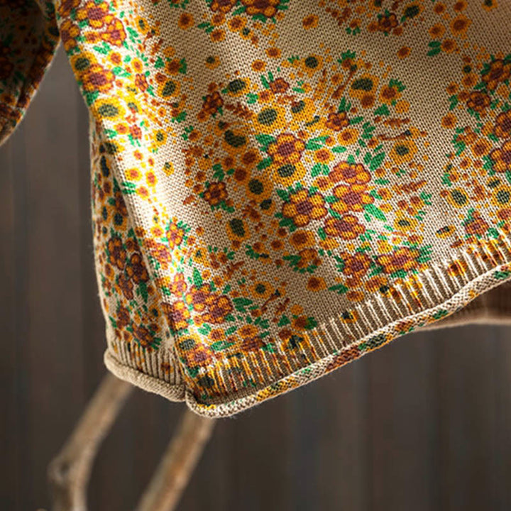 Buddha Stones Damen-Strickpullover aus Baumwolle mit Blumenmuster, geripptem Saum, langen Ärmeln und Stehkragen - image 10