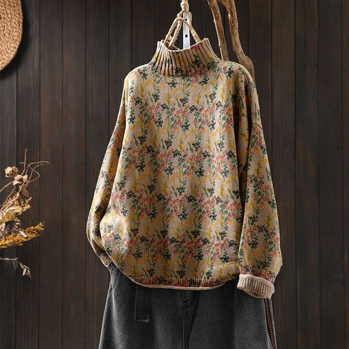 Strickpullover aus Baumwolle mit Buddha Stones und Pflanzenmuster, langen Ärmeln und Stehkragen, Damenpullover aus Baumwolle - BurlyWood - US4-6, UK/AU8-10, EU36-38 (F) - image 0