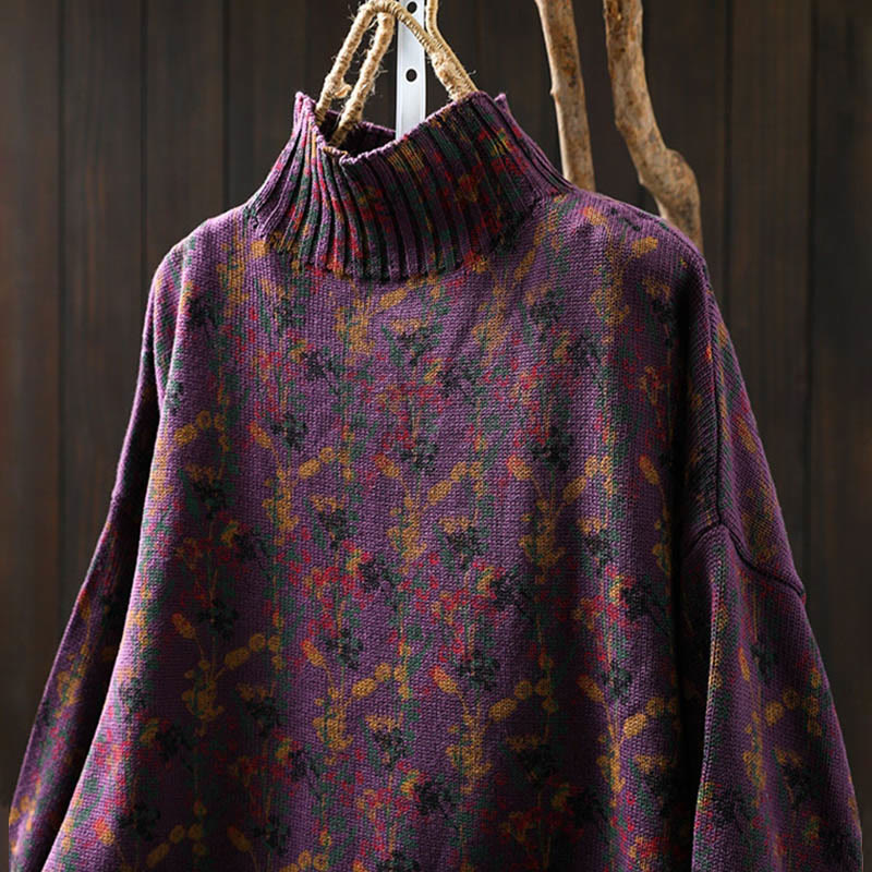 Strickpullover aus Baumwolle mit Buddha Stones und Pflanzenmuster, langen Ärmeln und Stehkragen, Damenpullover aus Baumwolle - image 8