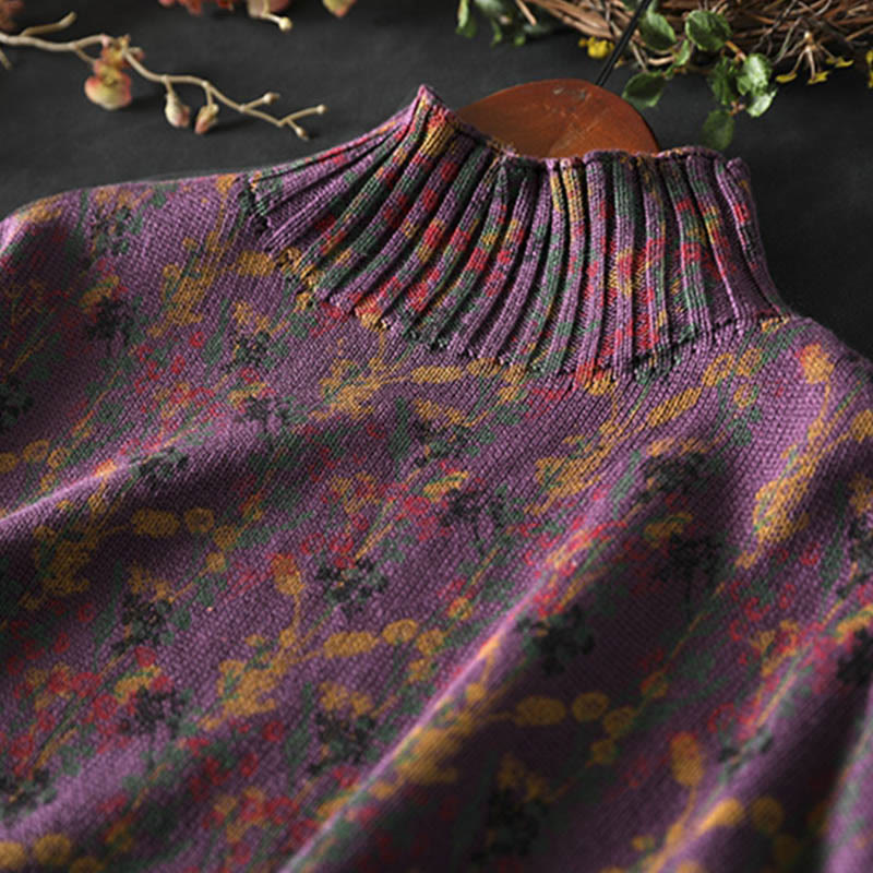 Strickpullover aus Baumwolle mit Buddha Stones und Pflanzenmuster, langen Ärmeln und Stehkragen, Damenpullover aus Baumwolle - image 10