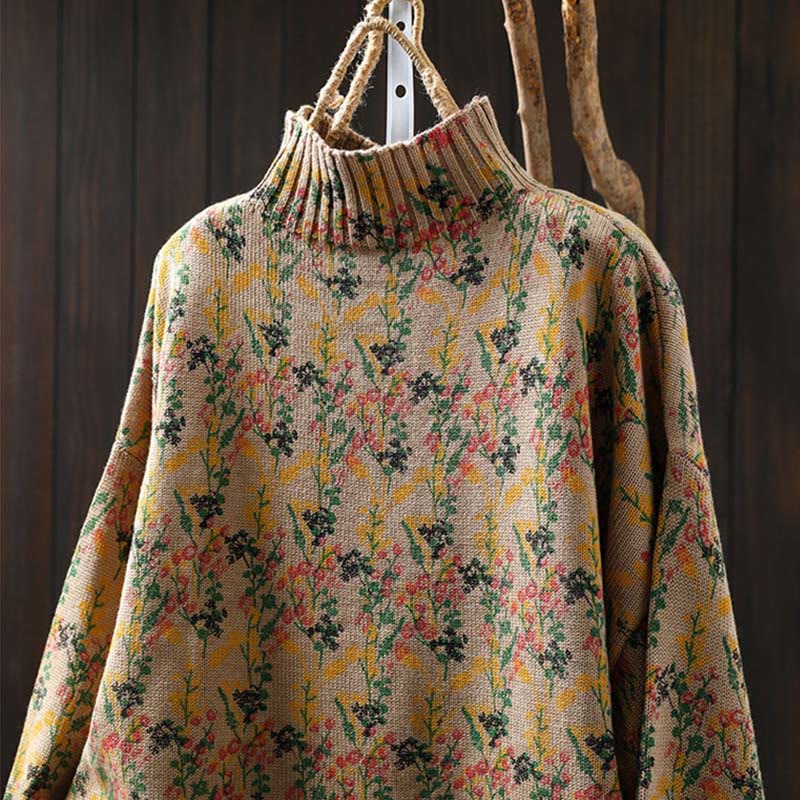 Strickpullover aus Baumwolle mit Buddha Stones und Pflanzenmuster, langen Ärmeln und Stehkragen, Damenpullover aus Baumwolle - image 1