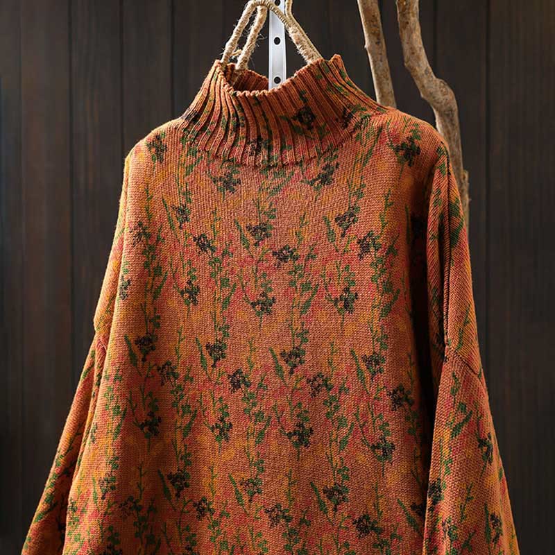 Strickpullover aus Baumwolle mit Buddha Stones und Pflanzenmuster, langen Ärmeln und Stehkragen, Damenpullover aus Baumwolle - image 3