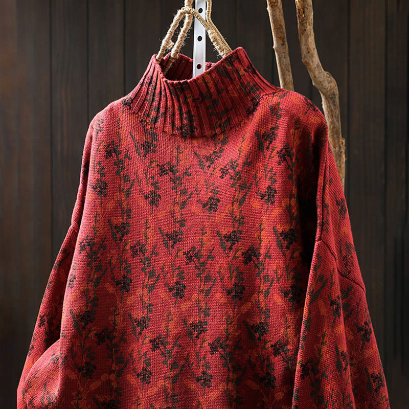 Strickpullover aus Baumwolle mit Buddha Stones und Pflanzenmuster, langen Ärmeln und Stehkragen, Damenpullover aus Baumwolle - image 21