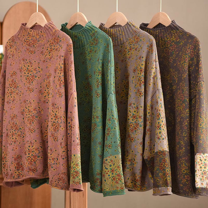 Buddha Stones ​​Herbstdruck Blumen Langarm Stehkragen Strickpullover für Damen aus Baumwolle - image 19