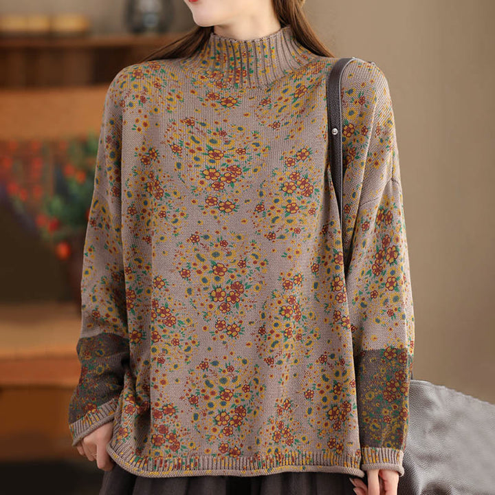 Buddha Stones ​​Herbstdruck Blumen Langarm Stehkragen Strickpullover für Damen aus Baumwolle - image 12