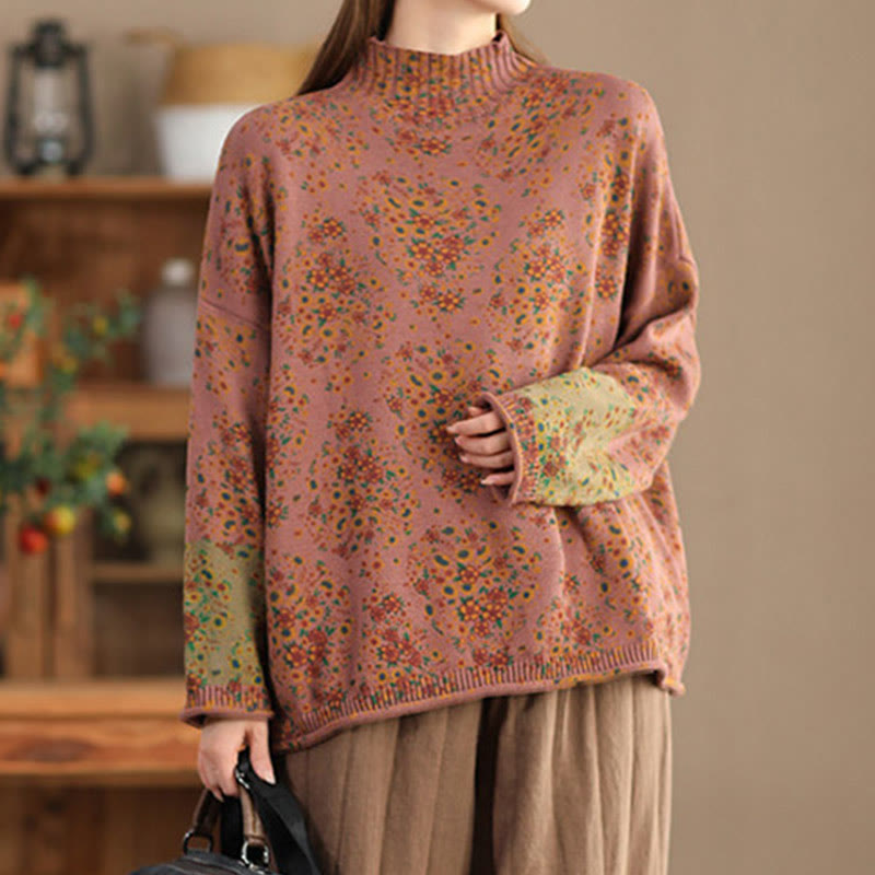 Buddha Stones ​​Herbstdruck Blumen Langarm Stehkragen Strickpullover für Damen aus Baumwolle - image 1