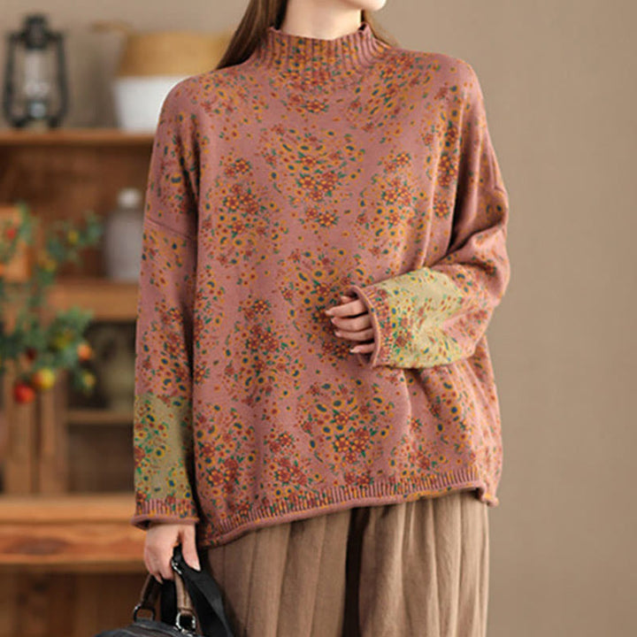 Buddha Stones ​​Herbstdruck Blumen Langarm Stehkragen Strickpullover für Damen aus Baumwolle - image 1