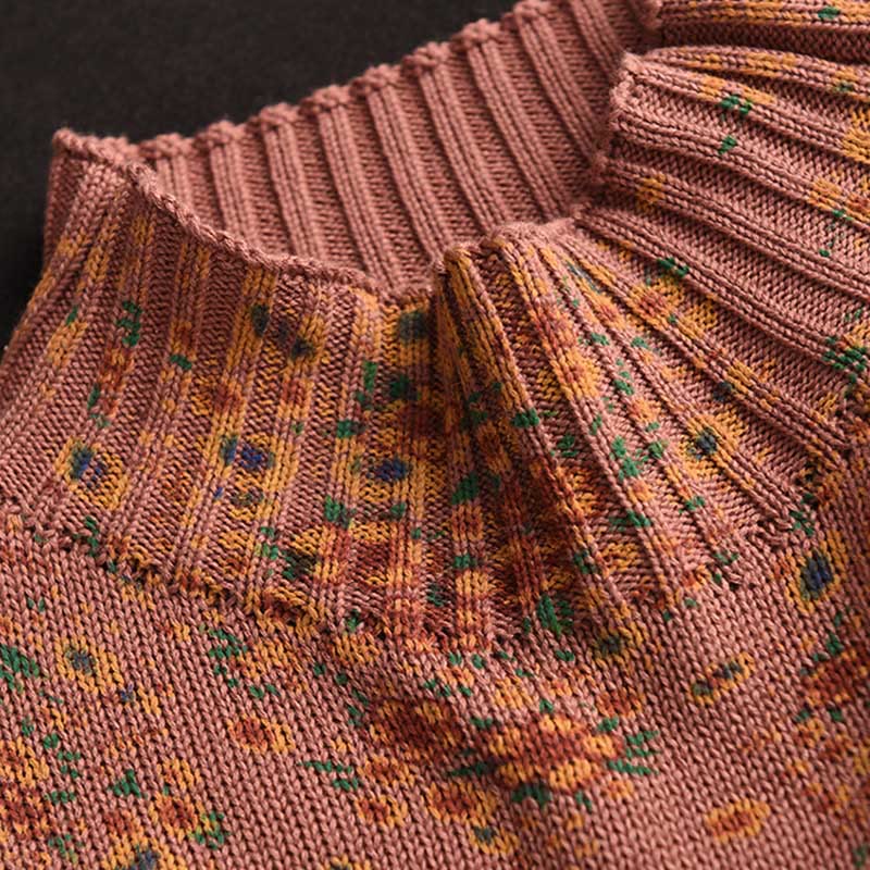 Buddha Stones ​​Herbstdruck Blumen Langarm Stehkragen Strickpullover für Damen aus Baumwolle - image 3