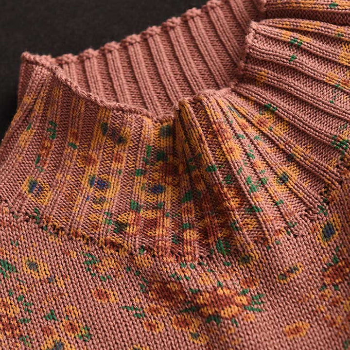 Buddha Stones ​​Herbstdruck Blumen Langarm Stehkragen Strickpullover für Damen aus Baumwolle - image 3