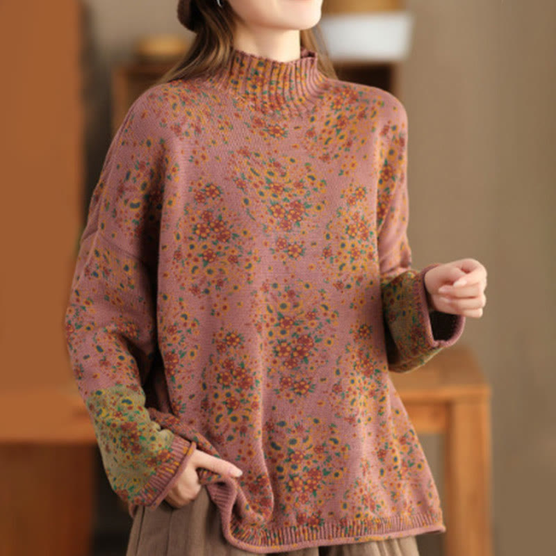 Buddha Stones ​​Herbstdruck Blumen Langarm Stehkragen Strickpullover für Damen Strickpullover - SandyBrown - US4-12, UK/AU8-16, EU36-44 (F) - image 0