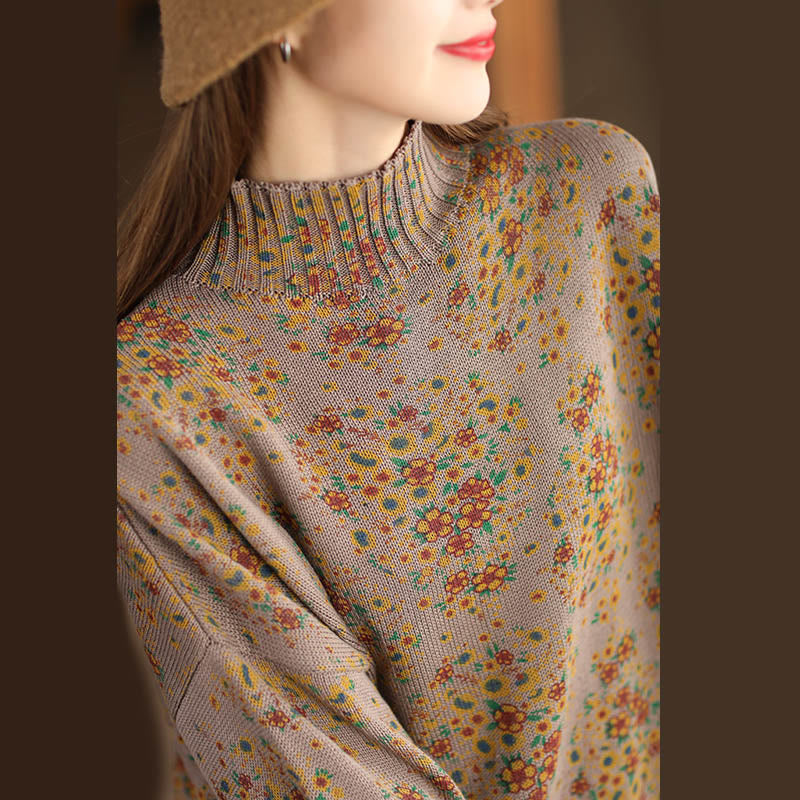 Buddha Stones ​​Herbstdruck Blumen Langarm Stehkragen Strickpullover für Damen aus Baumwolle - image 14