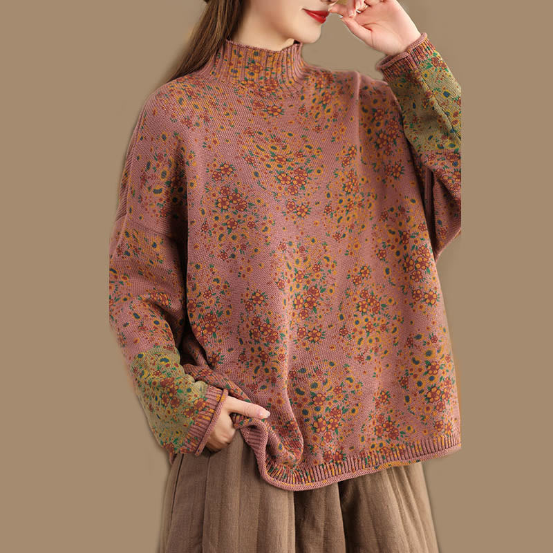 Buddha Stones ​​Herbstdruck Blumen Langarm Stehkragen Strickpullover für Damen aus Baumwolle - image 2